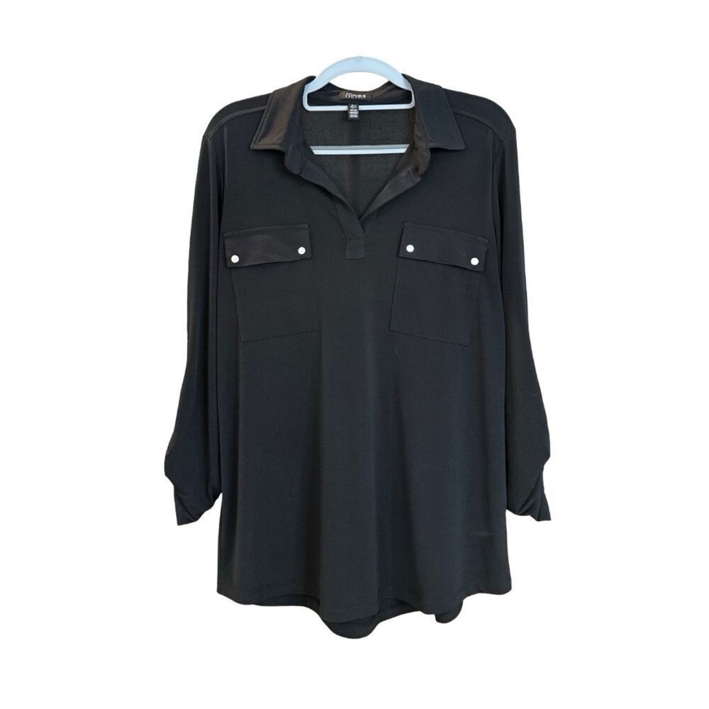 Jones New York Collared Pullover Split Neck Blouse Tunic Top Black Large